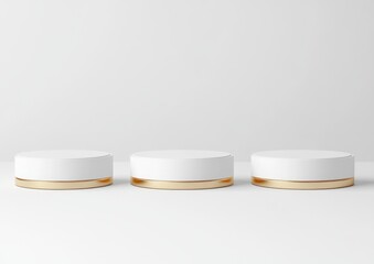 Poster - Three white cylindrical podiums with gold accents on a white background.