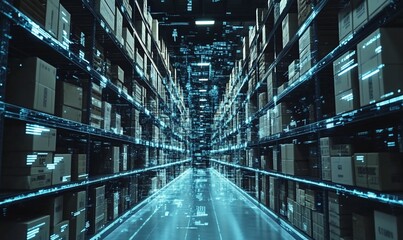 Poster - A futuristic warehouse with digital elements and organized shelving.
