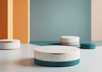 Poster - Colorful terrazzo podiums on a pastel background.