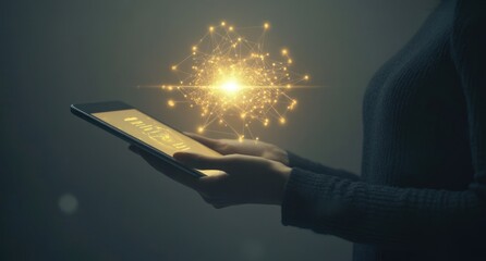 Fototapete - Woman holding tablet with glowing network.