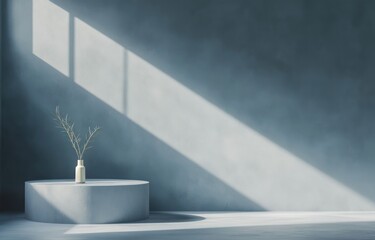 Aufkleber - Minimalist studio with sunlight, grey concrete podium, and small plant.