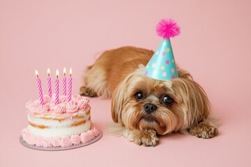 Poster - Cute dog wearing party hat next to birthday cake with candles.