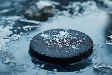 Poster - Dark stone disc floats on icy water, frost on surface.