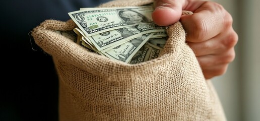 Poster - A hand holds a burlap sack filled with cash.