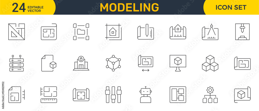 Set of Modeling outline icon set. Architectural planning icon ...
