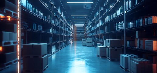 Leinwandbilder - A modern warehouse interior with shelves and boxes in a lit corridor.
