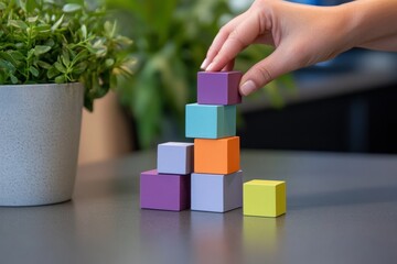 Leinwandbilder - Hand placing colorful wooden block on a growing stack. (1)