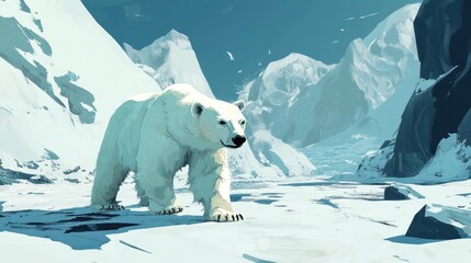 Wall Mural - Majestic polar bear strolls across snowy mountain landscape.