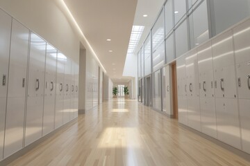 Poster - Modern school hallway with lockers and natural light.