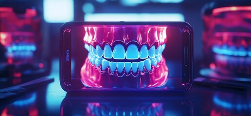 Poster - A phone displays a glowing set of teeth amid colorful dental models.