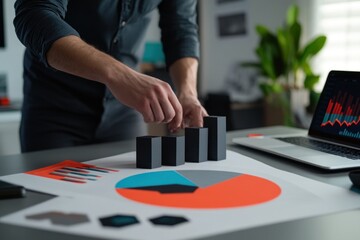 Leinwandbilder - Man building bar chart model from blocks on desk with laptop and financial reports.