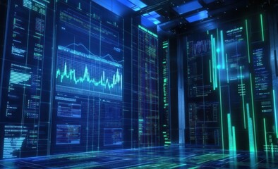 Poster - Futuristic digital data center with glowing screens displaying graphs and charts.