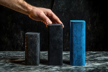 Leinwandbilder - Hand reaching for a blue block, representing growth or progress among other dark blocks.