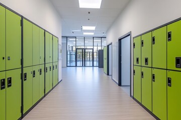 Aufkleber - Empty school hallway with green lockers and glass doors.