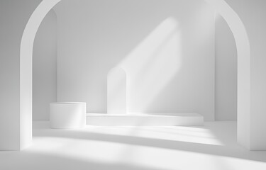 Aufkleber - Minimalist white room with arched doorways and geometric display platforms, sunlit.