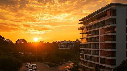 Aufkleber - A sunset view behind modern apartments, showcasing vibrant colors and nature.