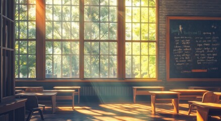 Poster - Sunlit classroom with desks, chairs, chalkboard, and large windows overlooking trees.