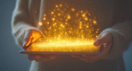Leinwandbilder - woman's hands holding tablet displaying golden light particles.