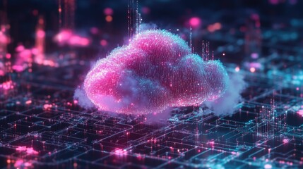 Poster - Digital Cloud with Neon Lights on Network Grid Background