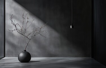 Aufkleber - Dark room interior with a branch in a vase, sunlight and pendant lamp.