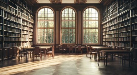Poster - Sunlit library interior with large windows, wooden bookshelves, tables, and chairs.