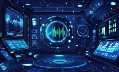 Aufkleber - Futuristic control room with holographic displays and data visualizations.