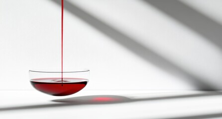 Poster - Red liquid pouring into a glass bowl on white background.