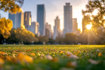Poster - Golden hour sunset over city park with skyscrapers in background.