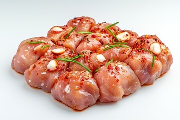 Poster - Marinated chicken pieces prepared for cooking, seasoned with herbs and spices.