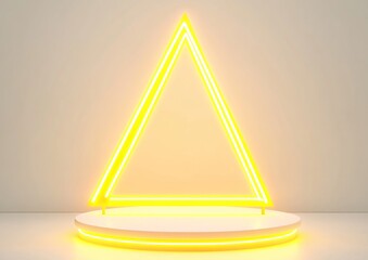 Poster - Illuminated yellow triangle frame on white pedestal.