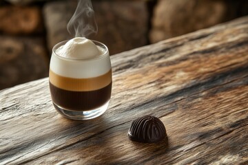 Poster - Steaming layered coffee drink in a glass with chocolate on rustic wooden table.