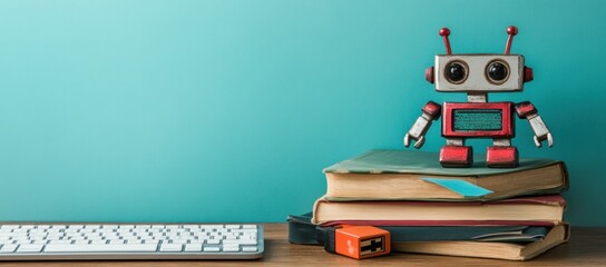 Poster - Retro robot toy on books near keyboard.