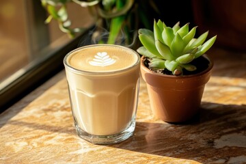 Poster - Steaming latte art in glass cup next to succulent plant on sunny windowsill.