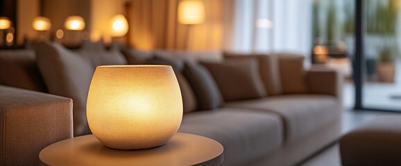 Poster - Cozy living room with a glowing lamp and comfortable sofa.