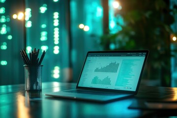 Aufkleber - Laptop displaying graphs on a desk at night.
