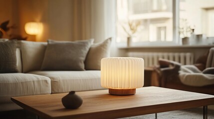 Aufkleber - Cozy living room with a stylish lamp and wooden coffee table.