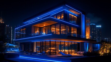 Aufkleber - Modern architectural design illuminated at night with blue and orange lights.