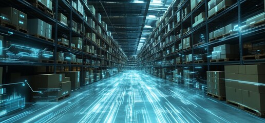 Poster - Futuristic warehouse with glowing pathways and organized shelves.