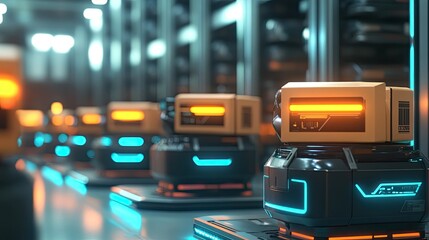 Poster - Futuristic Robots in Modern Warehouse Environment with Neon Lights