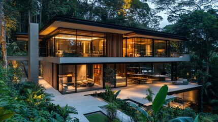 Poster - Modern house nestled in lush greenery, showcasing contemporary architecture.