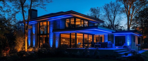 Aufkleber - Modern house illuminated with blue lights at dusk, showcasing architecture.