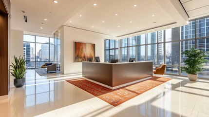 Poster - Modern office reception area with large windows and contemporary decor.