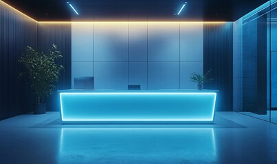 Poster - Modern reception area with a glowing blue desk and minimalist design.