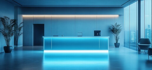 Poster - Modern reception area with glowing blue lighting and minimalist design.