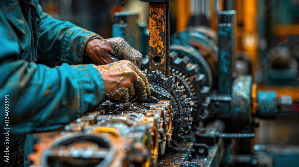 Close-up of dirty hands repairing industrial machinery gears.