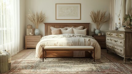 Wall Mural - an elegant and cozy bedroom with rustic wooden furniture