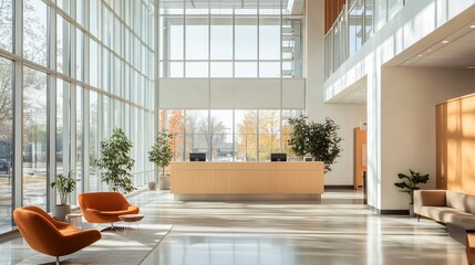 Poster - Modern reception area with large windows and minimalist furniture.