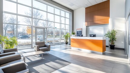 Poster - Modern reception area with large windows and minimalist furniture.
