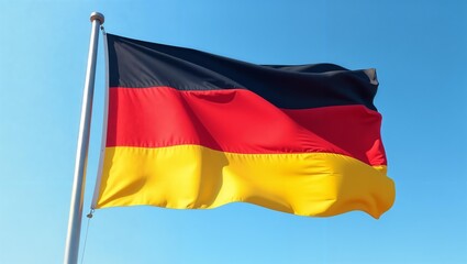 Wall Mural - National flag of Germany on flagpole against blue sky background. State symbol of Federal Republic of Germany in close-up