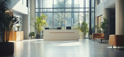 Poster - Modern reception area with plants and natural light.